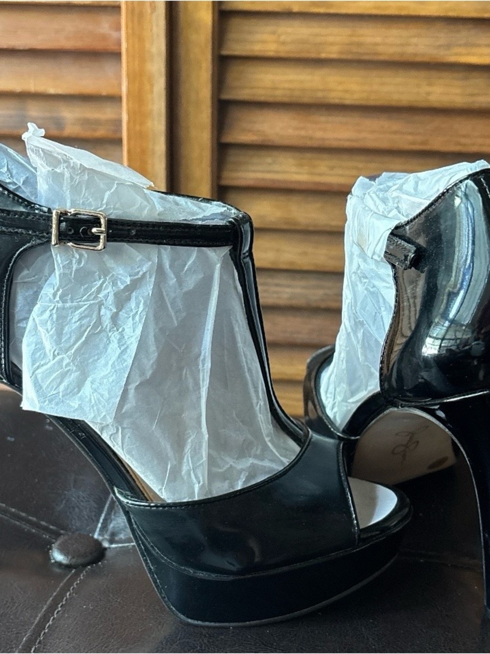 Jessica Simpson Black Patent Peep-Toe Platform Heels with Ankle Strap